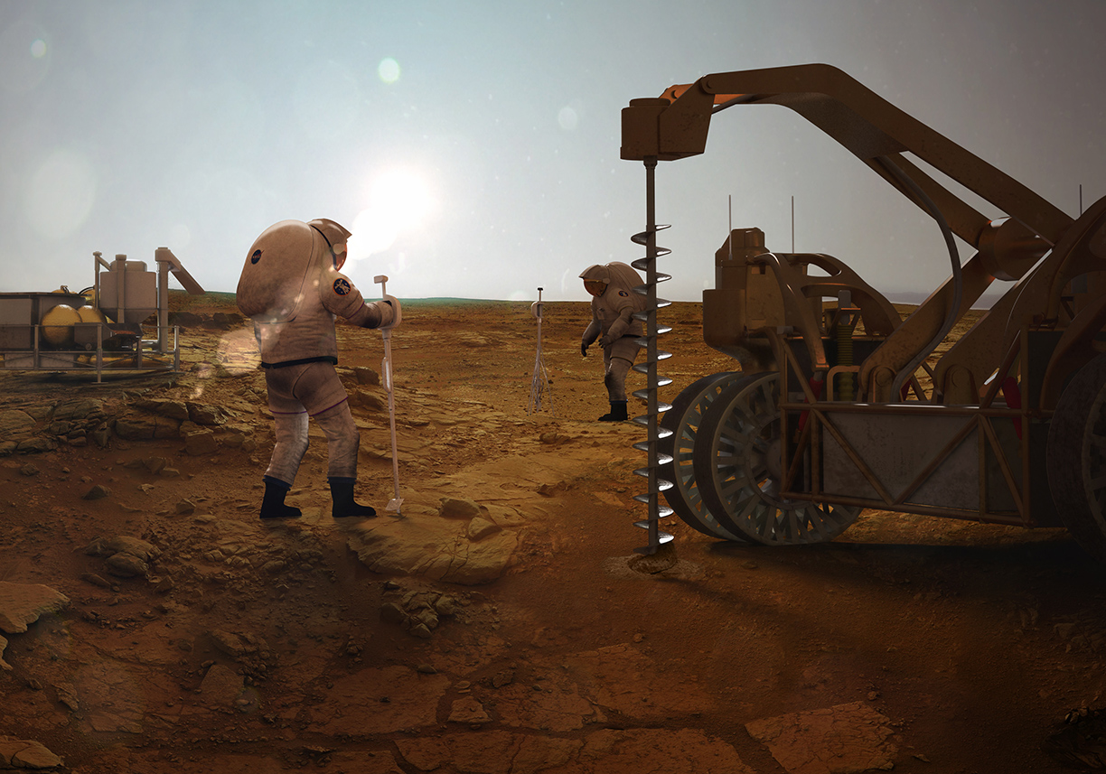 Artist's depiction of astronauts drilling for water on Mars during a future manned mission to the red planet.