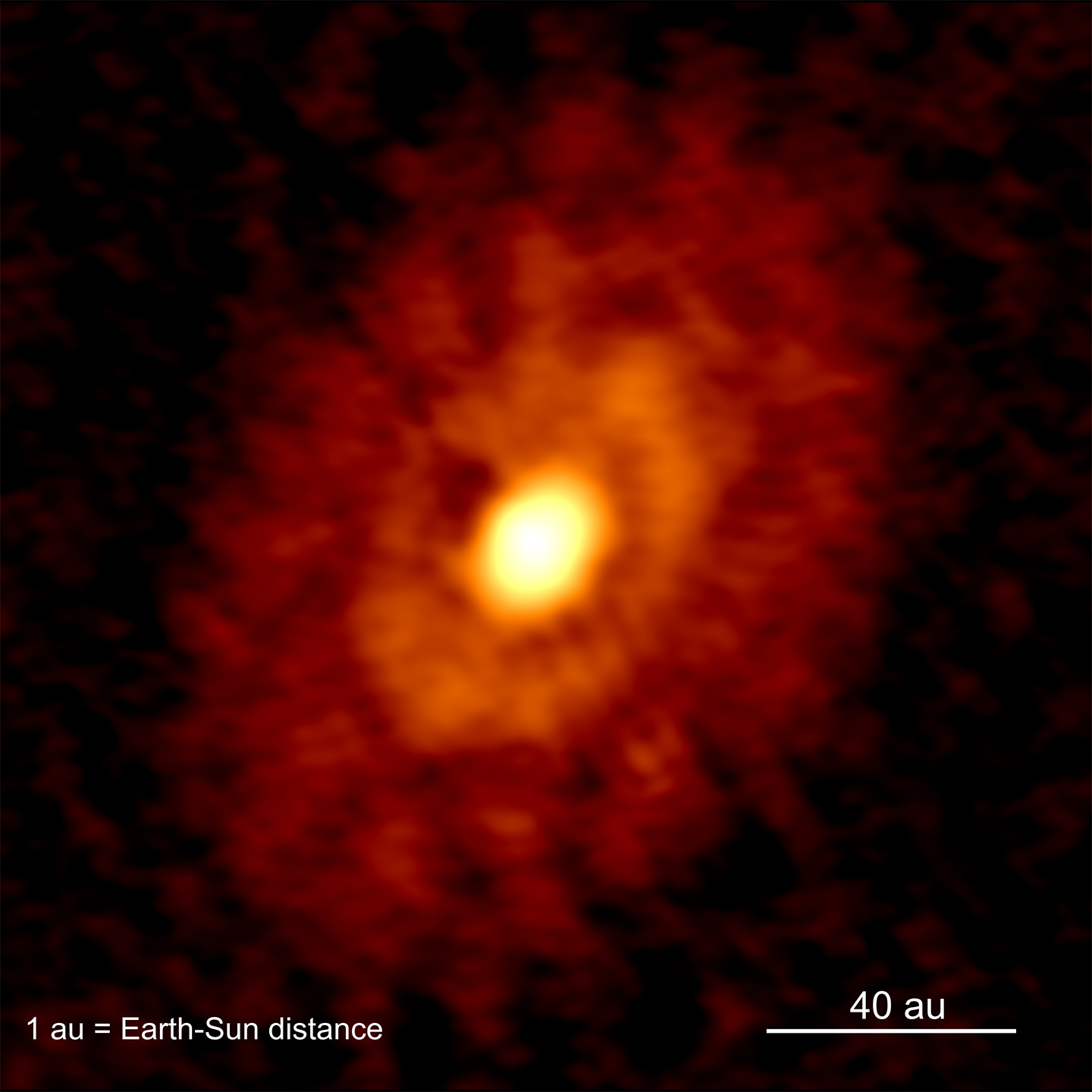 This ALMA image shows the young planetforming dust rings surrounding the IRS 63 protostar, which is younger than 500,000 years old.&nbsp;