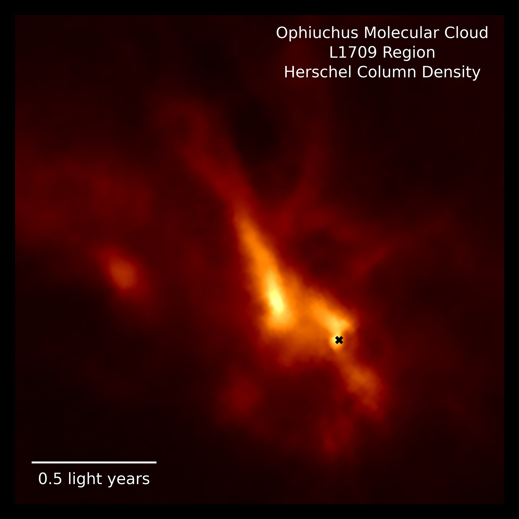 The dense L1709 region of the Ophiuchus Molecular Cloud mapped by the Herschel Space Telescope, which surrounds and feeds material to the much smaller IRS 63 protostar and planet-forming disk (location marked by the black x).&nbsp;