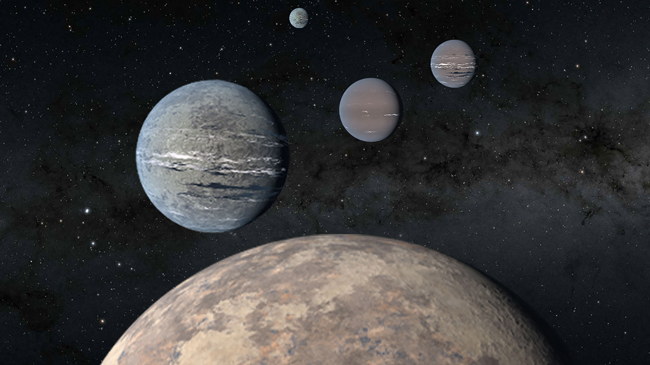 An artist's rendering of a five-planet system around TOI-1233 includes a super-Earth (foreground) that could help solve mysteries of planet formation. The four innermost planets were discovered by high schoolers Kartik Pinglé and Jasmine Wright alongside researcher Tansu Daylan. The fifth outermost planet pictured was recently discovered by a separate team of astronomers.