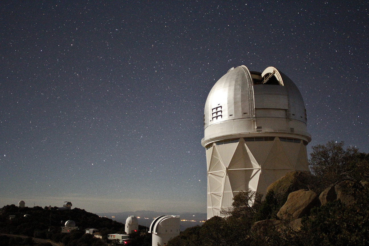 The Dark Energy Spectroscopic Instrument (DESI) installed on the Nicholas U. Mayall 4-meter Telescope on Kitt Peak National Observatory near Tucson, AZ.