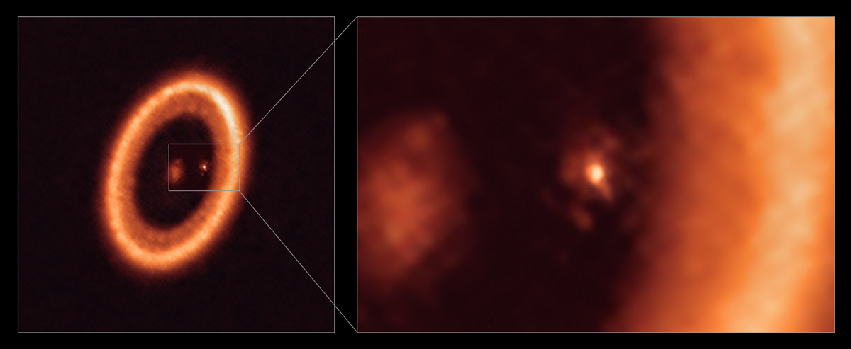 This image shows wide (left) and close-up (right) views of the moon-forming disk surrounding PDS 70c, a young Jupiter-like planet nearly 400 light-years away. The close-up view shows PDS 70c and its circumplanetary disk center-front, with the larger circumstellar ring-like disk taking up most of the right-hand side of the image. The star PDS 70 is at the center of the wide-view image on the left. Two planets have been found in the system, PDS 70c and PDS 70b, the latter not being visible in this image. They have carved a cavity in the circumstellar disk as they gobbled up material from the disk itself, growing in size. In this process, PDS 70c acquired its own circumplanetary disk, which contributes to the growth of the planet and where moons can form. This disk is as large as the Sun-Earth distance and has enough mass to form up to three satellites the size of the Moon.