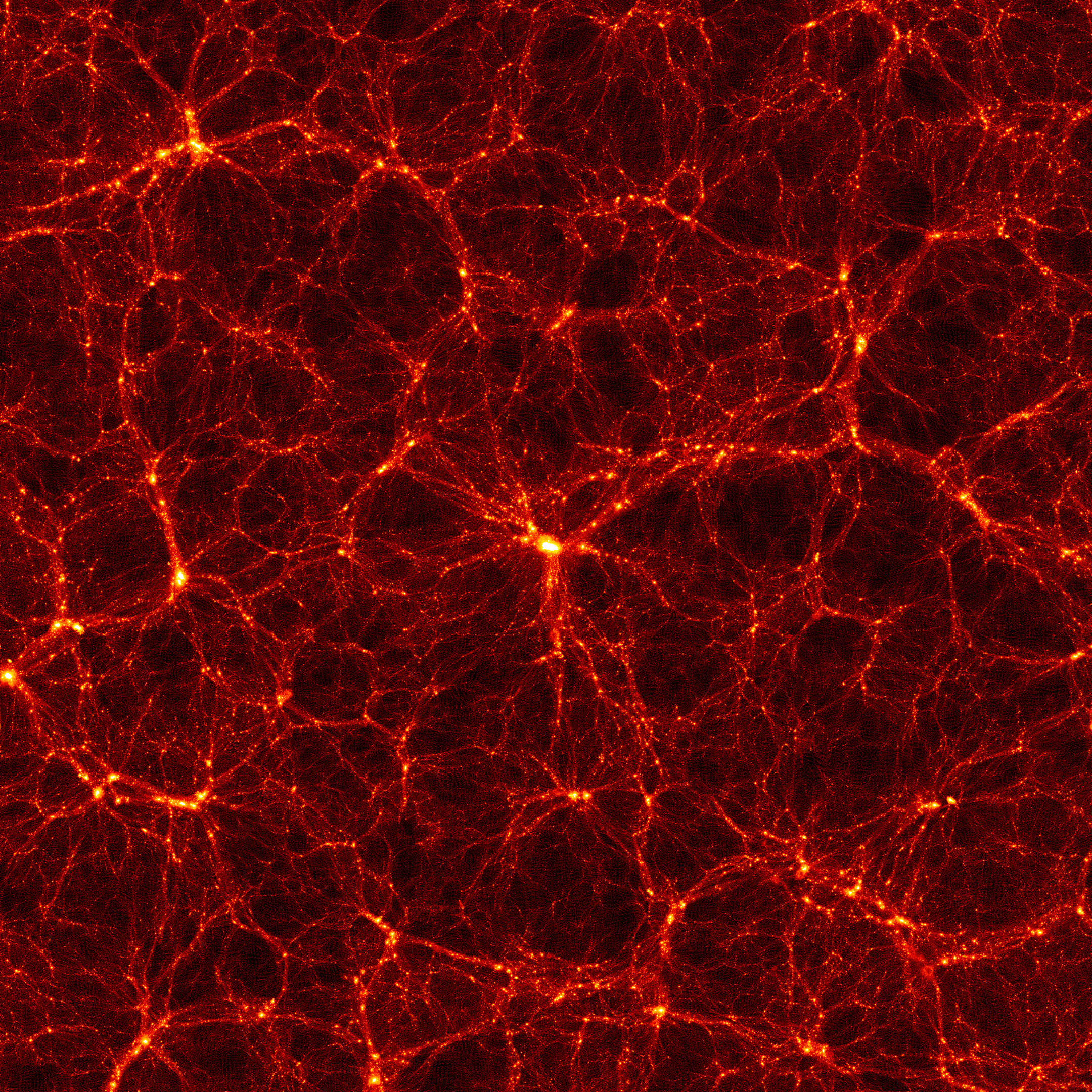 The AbacusSummit suite comprises hundreds of simulations of how gravity shaped the distribution of dark matter throughout the universe. Here, a snapshot of one of the simulations is shown at a zoom scale of 1.2 billion light-years across. The simulation replicates the large-scale structures of our universe, such as the cosmic web and colossal clusters of galaxies.