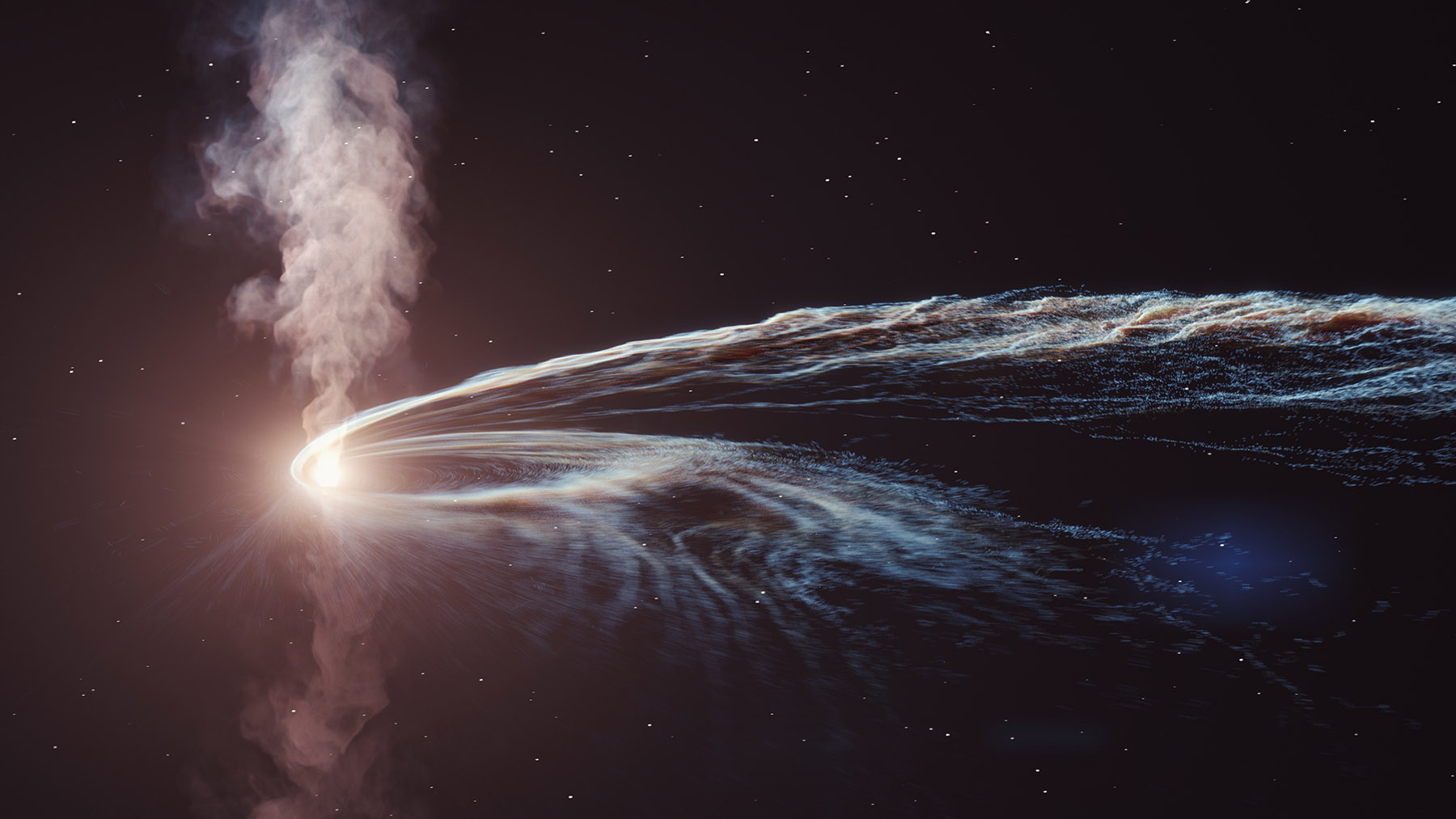Artist's illustration of tidal disruption event AT2019dsg where a supermassive black hole spaghettifies and gobbles down a star. Some of the material is not consumed by the black hole and is flung back out into space.