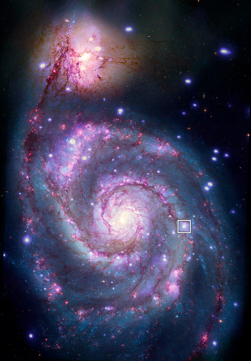 A composite image of M51 with X-rays from Chandra and optical light from NASA's Hubble Space Telescope contains a box that marks the location of the possible planet candidate.