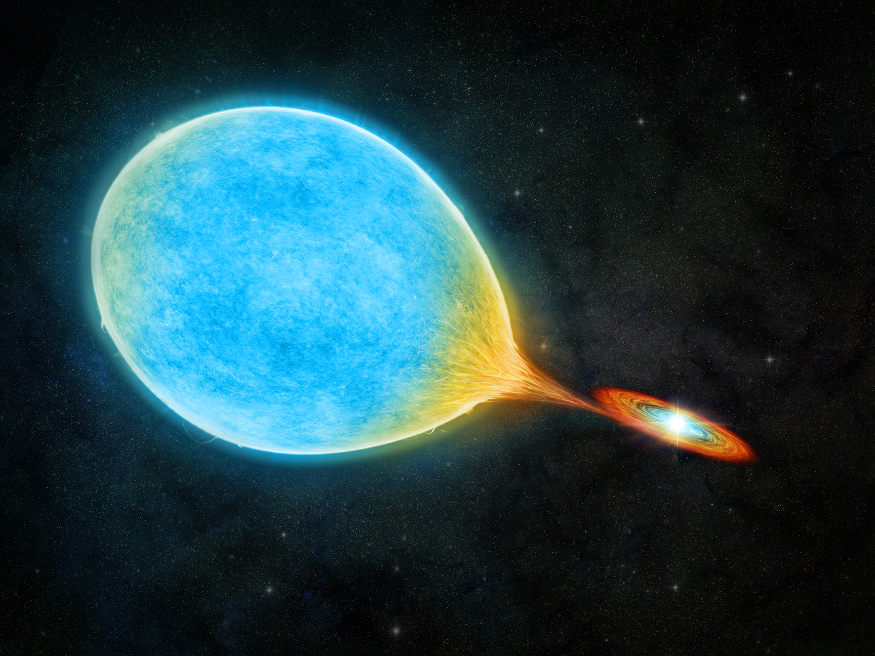 Artist's depiction of a new type of binary star: a pre-extremely low mass (ELM) white dwarf. Pictured in blue, the star is losing mass to a white dwarf companion and transitioning to an ELM white dwarf.