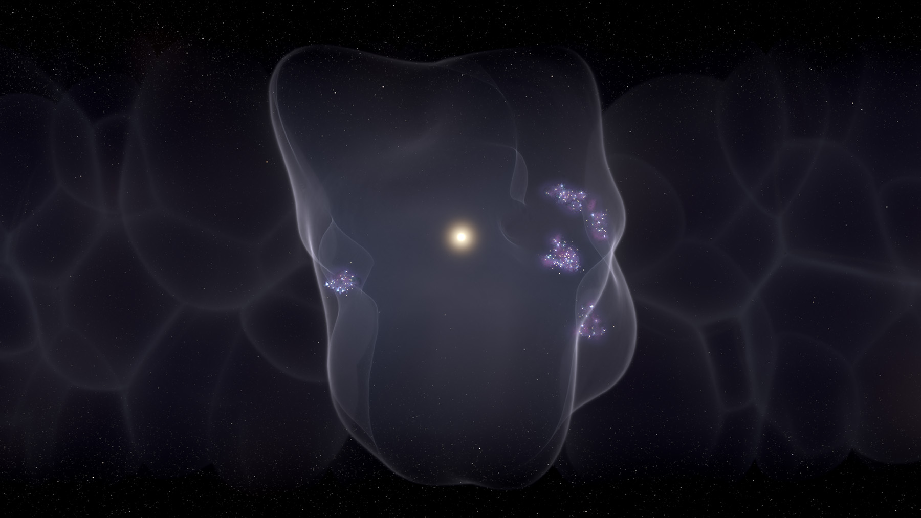 Artist's illustration of the Local Bubble with star formation occurring on the bubble's surface. Scientists have now shown how a chain of events beginning 14 million years ago with a set of powerful supernovae led to the creation of the vast bubble, responsible for the formation of all young stars within 500 light years of the Sun and Earth. Credit: