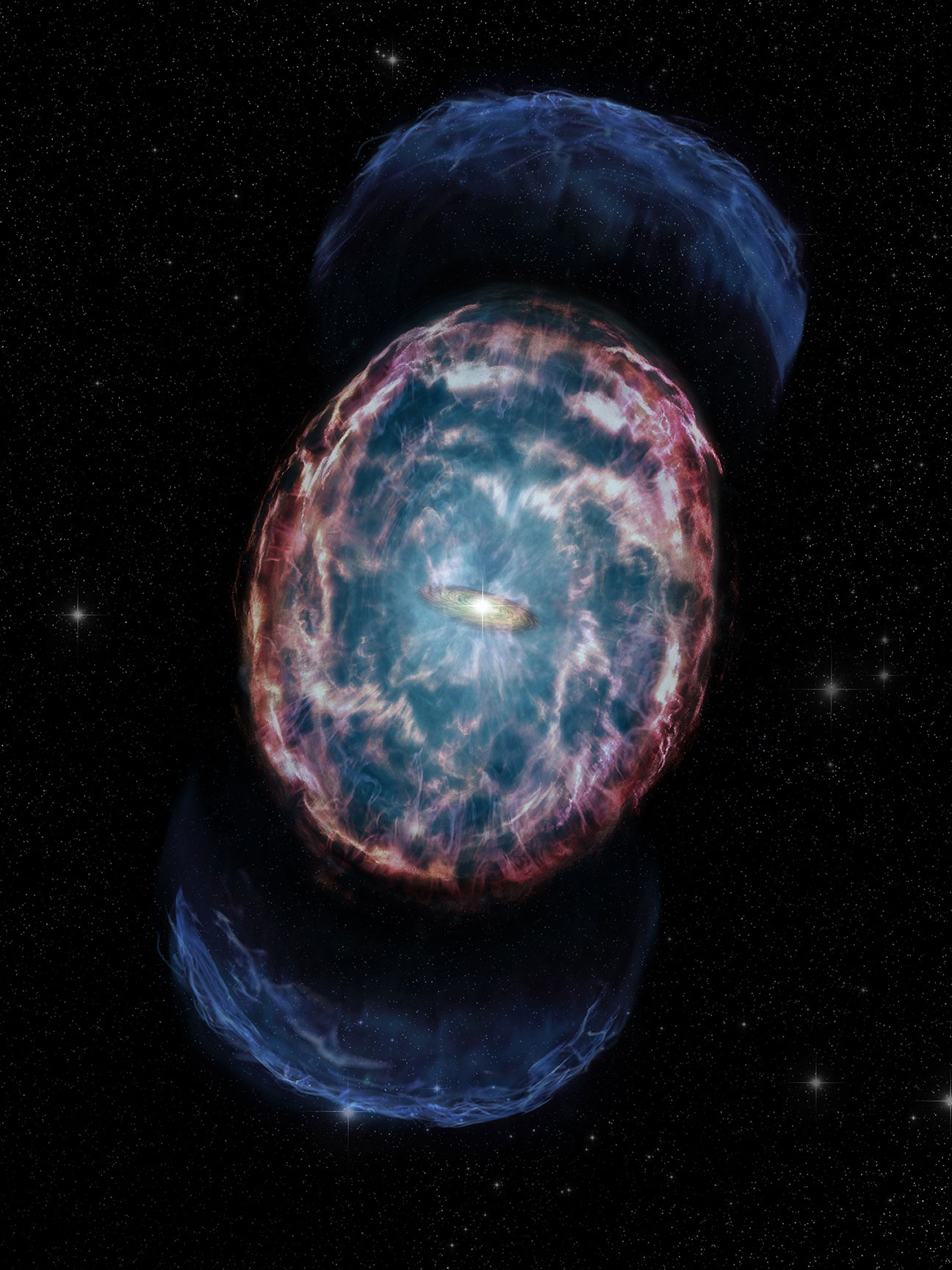 An artist's conception illustrates the aftermath of two neutron stars merging. Chandra has been collecting data on such an event called GW170817 since shortly after it was first detected in gravitational waves by the LIGO and Virgo on August 17, 2017.