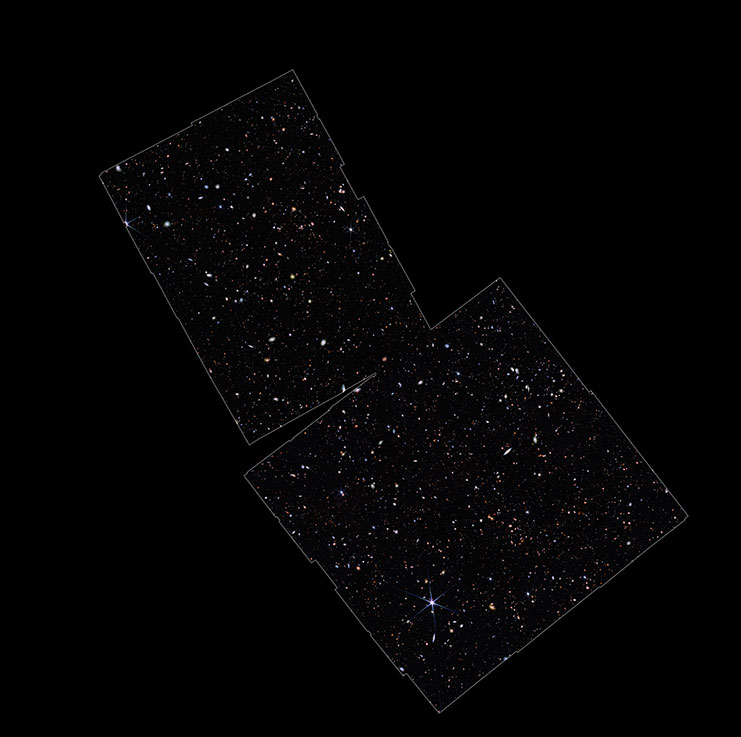 This image taken by the James Webb Space Telescope highlights the region of study by the JWST Advanced Deep Extragalactic Survey (JADES). This area is in and around the Hubble Space Telescope's Ultra Deep Field. Scientists used Webb’s NIRCam instrument to observe the field in nine different infrared wavelength ranges. From these images, the team searched for faint galaxies that are visible in the infrared but whose spectra abruptly cut off at a critical wavelength. They conducted additional observations (not shown here) with Webb's NIRSpec instrument to measure each galaxy’s redshift and reveal the properties of the gas and stars in these galaxies. In this image blue represents light at 1.15 microns (115W), green is 2.0 microns (200W), and red is 4.44 microns (444W).