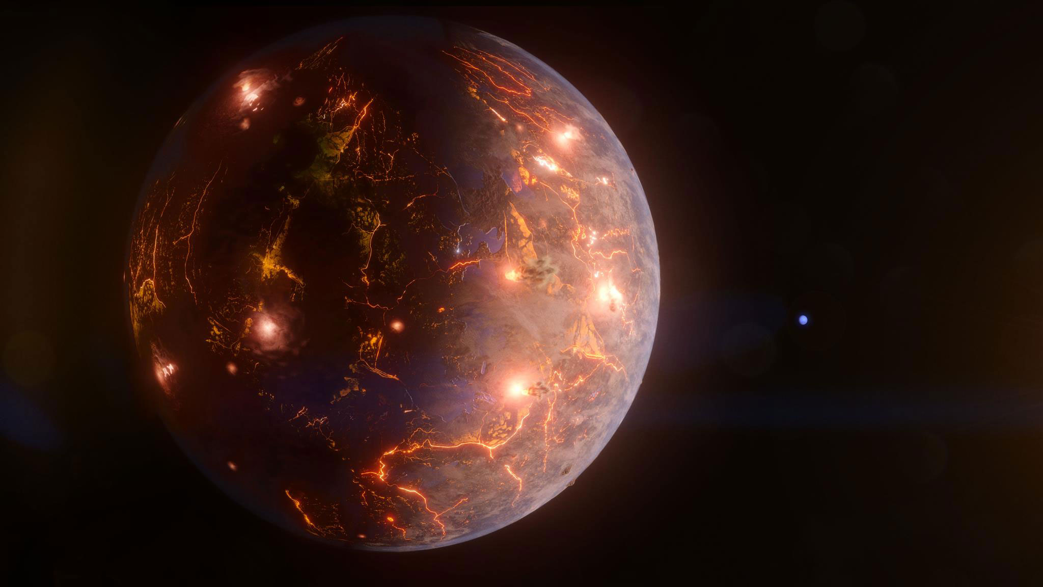 LP 791-18 d, illustrated here, is an Earth-size world about 90 light-years away. The gravitational tug from a more massive planet in the system, shown as a blue disk in the background, may result in internal heating and volcanic eruptions—as much as Jupiter’s moon Io, the most geologically active body in the solar system. Astronomers discovered and studied the planet using data from NASA’s Spitzer Space Telescope and Transiting Exoplanet Survey Satellite along with many other observatories.