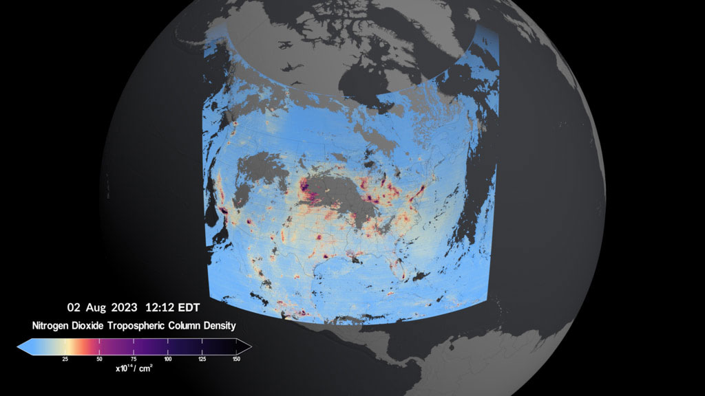 In this visualization, high levels of nitrogen dioxide can be seen over multiple urban areas across the U.S., Canada, Mexico and the Caribbean. Detailed views of three regions show high levels of nitrogen dioxide over cities in the morning, and enhanced levels of nitrogen dioxide over major highways. As the day progresses, the morning pollution often dissipates. Later in the afternoon, it will rise again as the cities enter their second rush hour of the day. Because TEMPO uses visible sunlight to make measurements, it cannot see pollution below clouds. Cloudy areas appear as missing data in the visualization. View visualization here.