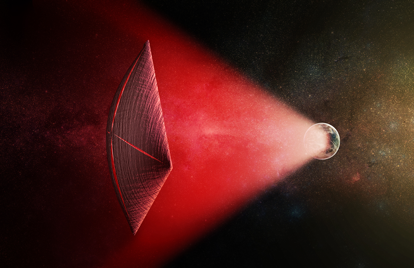 An artist&#039;s illustration of a light-sail powered by a radio beam (red) generated on the surface of a planet. The leakage from such beams as they sweep across the sky would appear as Fast Radio Bursts (FRBs), similar to the new population of sources that was discovered recently at cosmological distances.