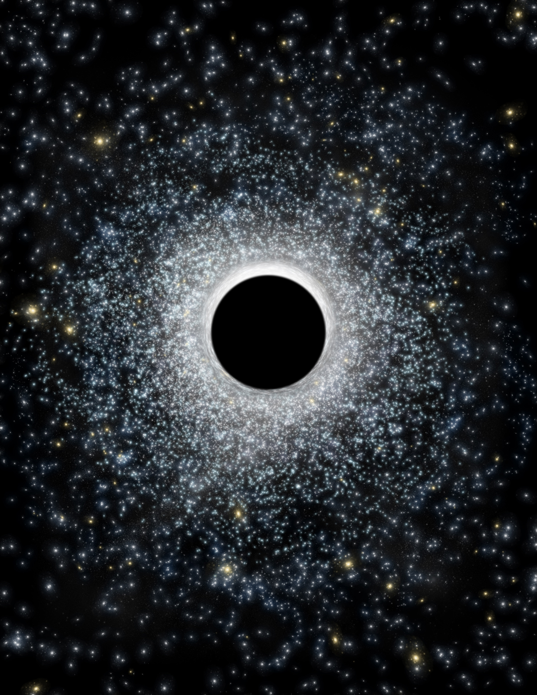 In this artist&#039;s illustration, an intermediate-mass black hole in the foreground distorts light from the globular star cluster in the background. New research suggests that a 2,200 solar-mass black hole resides at the center of the globular cluster 47 Tucanae.