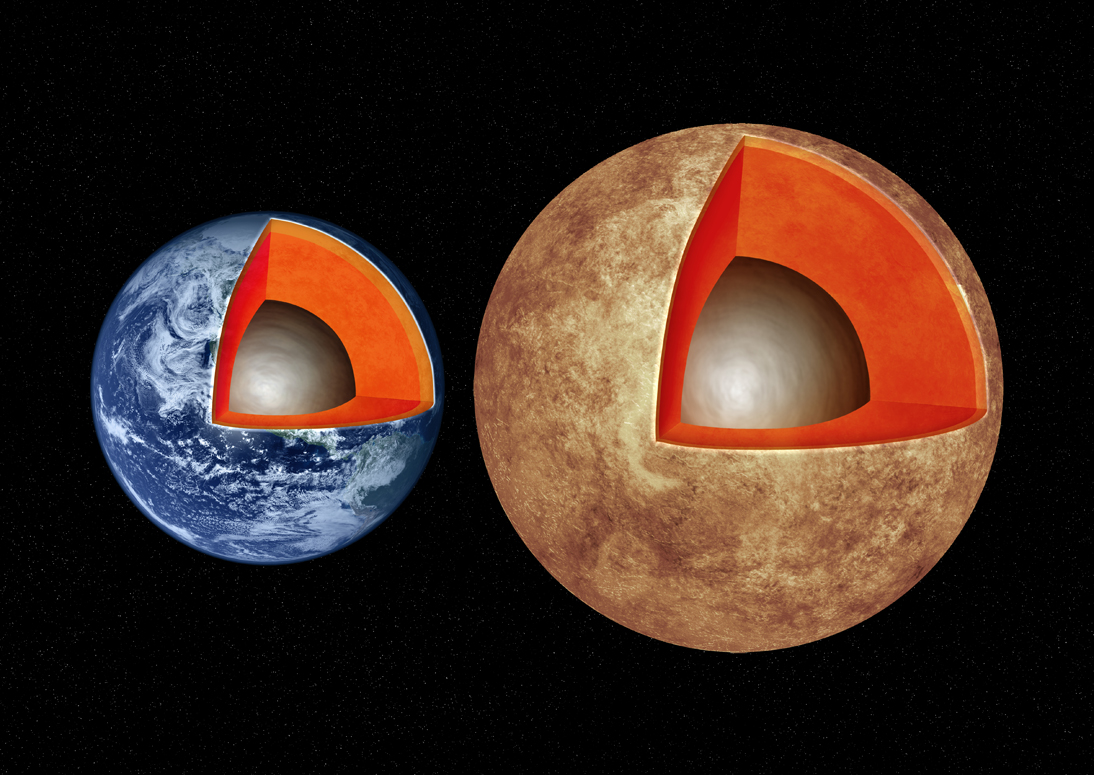 This artist&#039;s illustration compares the interior structures of Earth (left) with the exoplanet Kepler-93b (right), which is one and a half times the size of Earth and 4 times as massive. New research finds that rocky worlds share similar structures, with a core containing about a third of the planet&#039;s mass, surrounded by a mantle and topped by a thin crust.