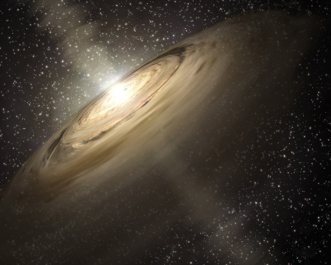 This artist&#039;s concept illustrates a solar system that is a much younger version of our own. Dusty disks, like the one shown here circling the star, are the breeding grounds of planets. When visible or near-infrared observations show a gap in a disk like this, it is often interpreted as evidence for an unseen planet. However, new research shows that a gap could be a sort of cosmic illusion and not the sign of a hidden planet after all.
