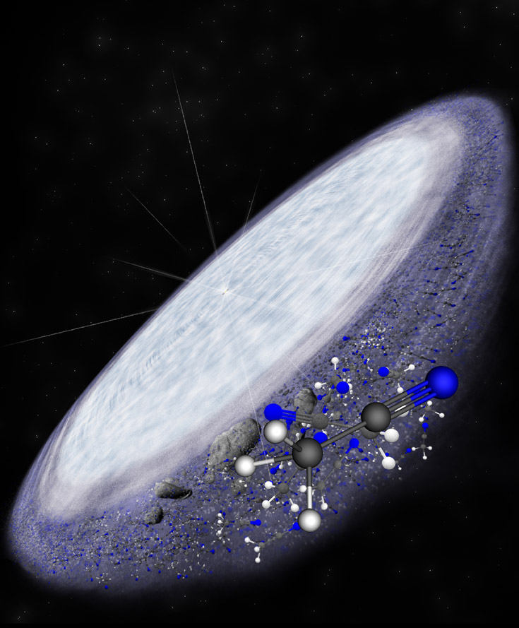 Artist impression of the protoplanetary disk surrounding the young star MWC 480. ALMA has detected the complex organic molecule methyl cyanide in the outer reaches of the disk in the region where comets are believed to form. This is another indication that complex organic chemistry, and potentially the conditions necessary for life, are universal.