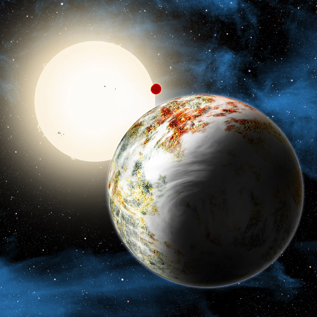 The newly discovered &quot;mega-Earth&quot; Kepler-10c dominates the foreground in this artist&#039;s conception. Its sibling, the lava world Kepler-10b, is in the background. Both orbit a sunlike star. Kepler-10c has a diameter of about 18,000 miles, 2.3 times as large as Earth, and weighs 17 times as much. Therefore it is all solids, although it may possess a thin atmosphere shown here as wispy clouds.