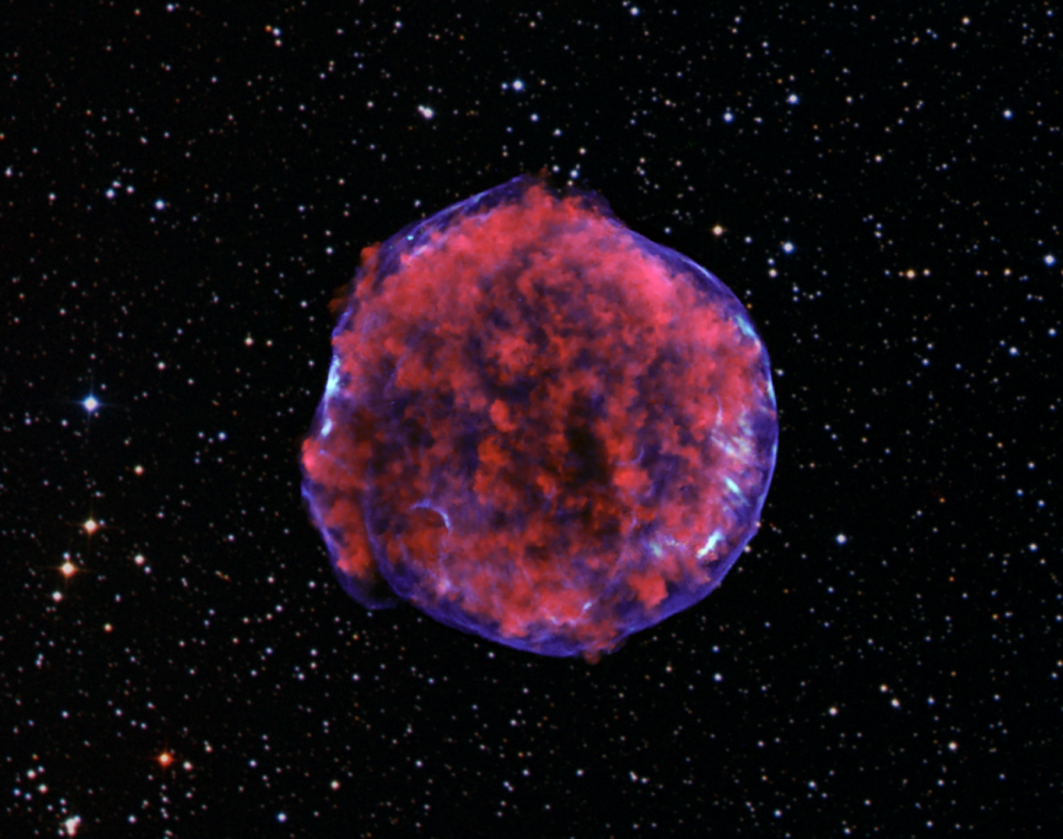 A photograph of the Tycho supernova remnant taken by the Chandra X-ray Observatory. Low-energy X-rays (red) in the image show expanding debris from the supernova explosion and high energy X-rays (blue) show the blast wave, a shell of extremely energetic electrons.