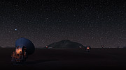An animation that starts with a dark sky with telescopes in the foreground until it zooms in to reveal a bright glare of light and black hole deep in space.