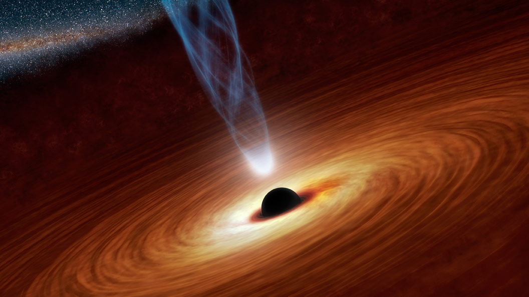 In this artist&#039;s conception a supermassive black hole is surrounded by a hot accretion disk, while some inspiraling material is funneled into a wispy blue jet. New measurements show that the black hole at the center of galaxy NGC 1365 is spinning at close to the maximum possible rate. This suggests that it grew via &quot;ordered accretion&quot; rather than by swallowing random blobs of gas and stars.