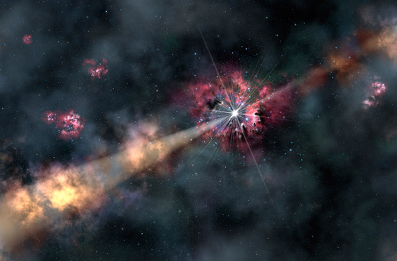 This artist&#039;s illustration depicts a gamma-ray burst illuminating clouds of interstellar gas in its host galaxy. By analyzing a recent gamma-ray burst, astronomers were able to learn about the chemistry of a galaxy 12.7 billion light-years from Earth. They discovered it contains only one-tenth of the heavy elements (metals) found in our solar system.