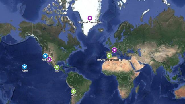 map of locations of observatories making up the Event Horizon Telescope