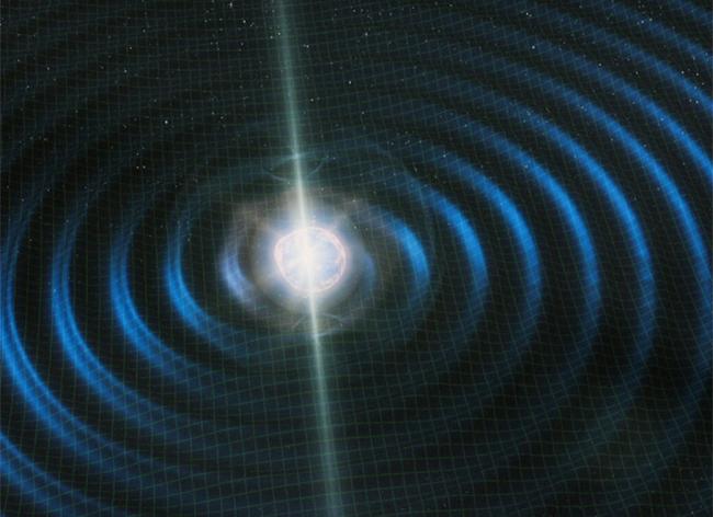 artist's impression of the merger of two neutron stars and the gravitational waves produced