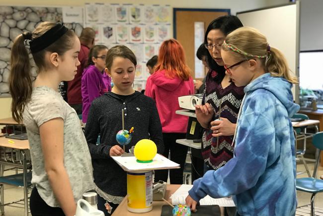 Students using physical models to challenge their misconceptions about seasons.