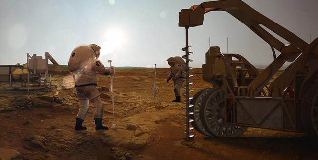 Artist's depiction of astronauts drilling for water on Mar