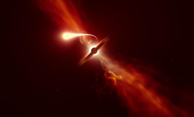  illustration depicts a star (in the foreground) experiencing spaghettification as it's sucked in by a supermassive black hole (in the background)