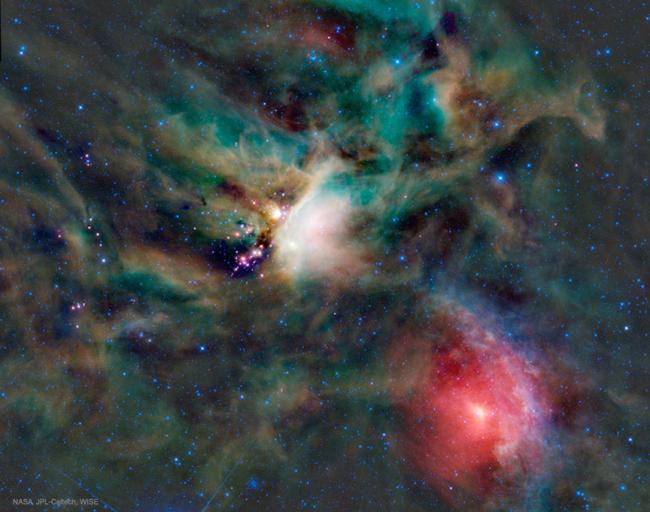 A false-color image of star formation in the Rho Ophicucus giant molecular cloud as seen in the infrared by Wide-field Infrared Survey Explorer.