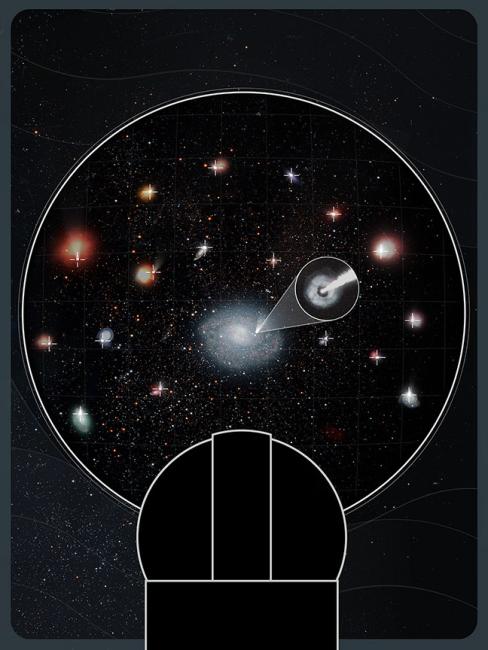 An artistic rendition of the diversity of short gamma-ray burst (sGRB) host environments, in large part discovered and characterized by Keck Observatory.