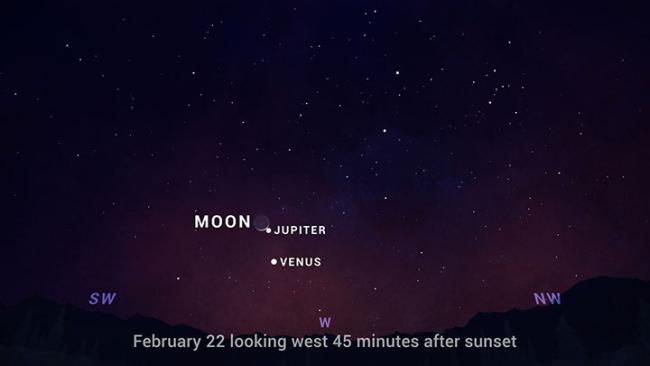 February 2023 sky chart showing moon, Jupiter, Venus