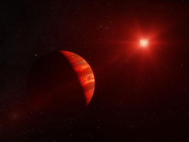 Artist conception of a Jupiter-like planet around a small red dwarf star. 