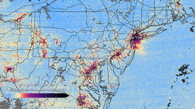  This visualization shows nitrogen dioxide over the D.C./Philadelphia/New York City region.