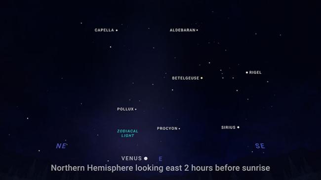 The zodiacal light is a faint pillar of brightness stretching upward from the horizon.