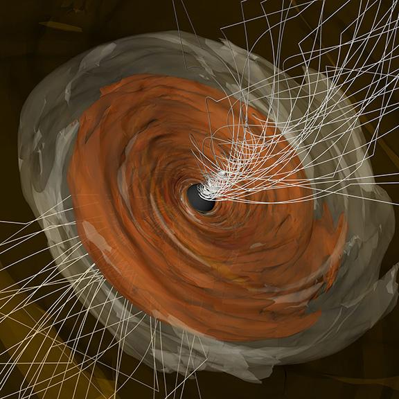 A computer simulation of a disk of plasma around the supermassive black hole at the center of the M87 galaxy.