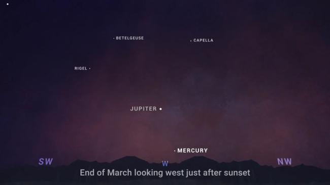Sky chart showing Jupiter and Mercury March 2024