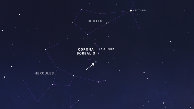 Sky chart showing constellation Corona Borealis with the location where nova "T CrB" is predicted to appear
